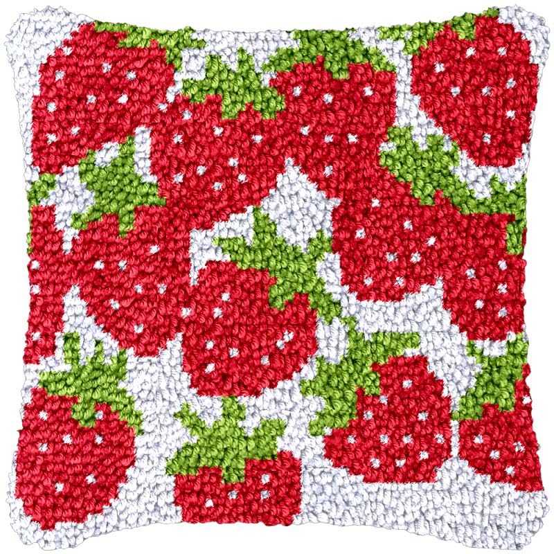 Generic Strawberry Latch Hook Pillow Cover Kit - DIY Cushion Cross Stitch Crochet Hooking Latch Hook Pillowcase Rug Kit with Preprinted Canvas Crochet Yarn Kits Needlework Crafts 17'' X 17''