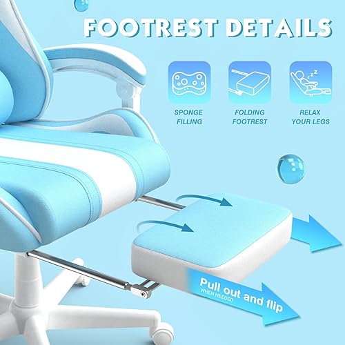 Miniatura 7 de Ferghana Blue Gaming Chair with Bunny Ear, Cute Massage Gaming Chairs for Adults & Teens, Office PC Gamer Chair with Footrest, Kawaii Computer Game