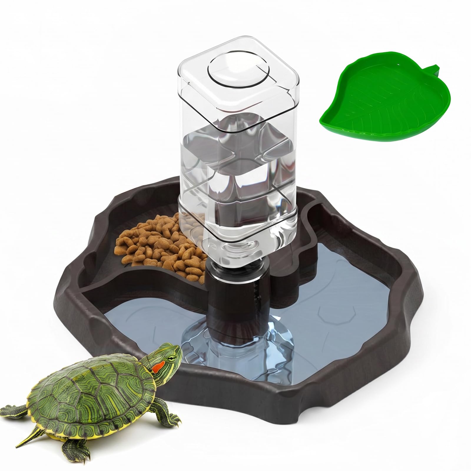 SNSYGN 2-In-1 Tortoise Water Bowl with Bottle, Detachable Reptile Water Bowl with Leaf Plate Dish, Reptile Accessories for Turtles, Geckos, Snakes, Frogs, Lizards, Reptile Pets