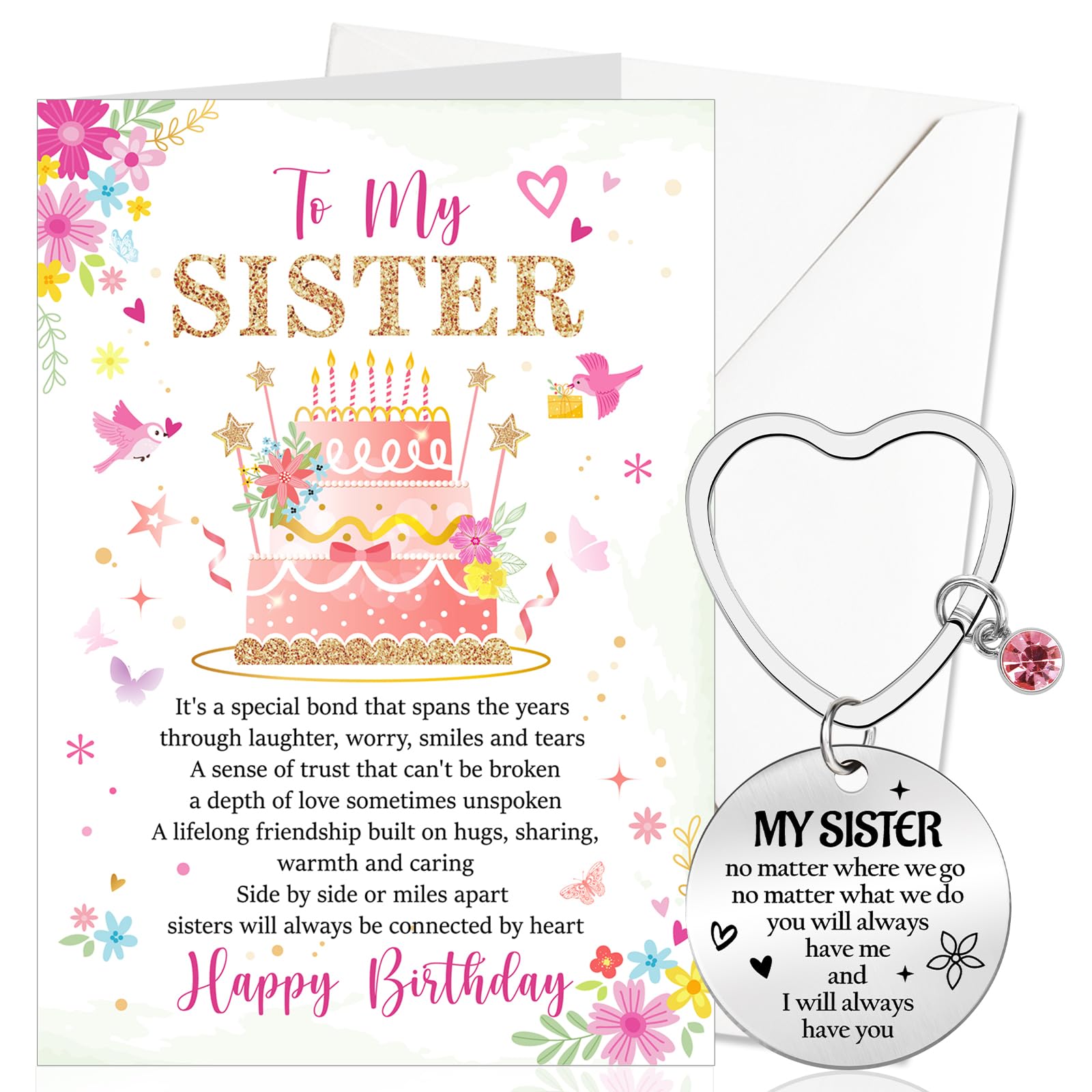 DPKOW Sister Birthday Card Gifts, B-Day Keyring Keychain B-Day Greeting Card with Envelope, Happy Birthday Gifts for Sister