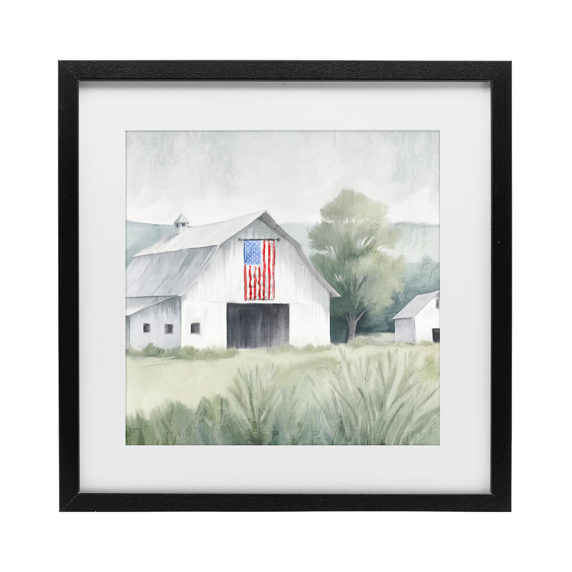 Home USA Flag Barn Farmhouse, 16 x 16 Inch Framed Print Under Glass