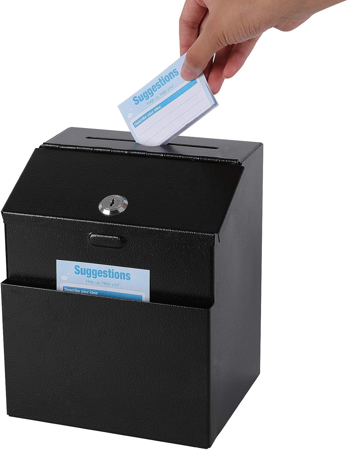 xydled Suggestion Box with Lock Wall Mountable Donation Box Ballot Box Voting Box Collection Box Key Drop Box with 50 Free Suggestion Cards 7.3"x 5.9"x 8.3" Metal Black : Office Products