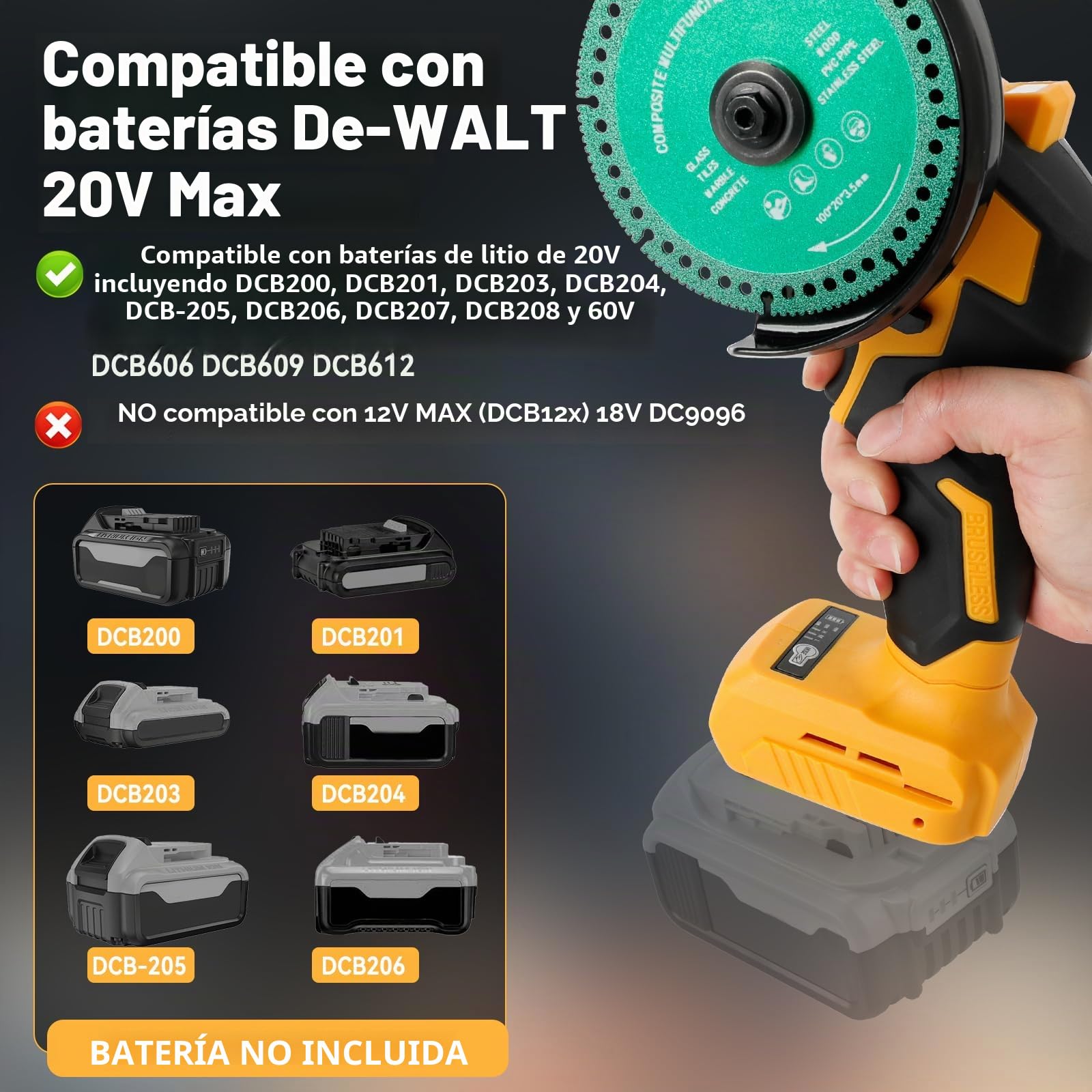 Mini amoladora angular para baterías DEWALT de 18 V y 20 V, herramienta de corte inalámbrica sin escobillas de 4 pulgadas, 18000 rpm, 3 velocidades ajustables con control hacia adelante y hacia atrás