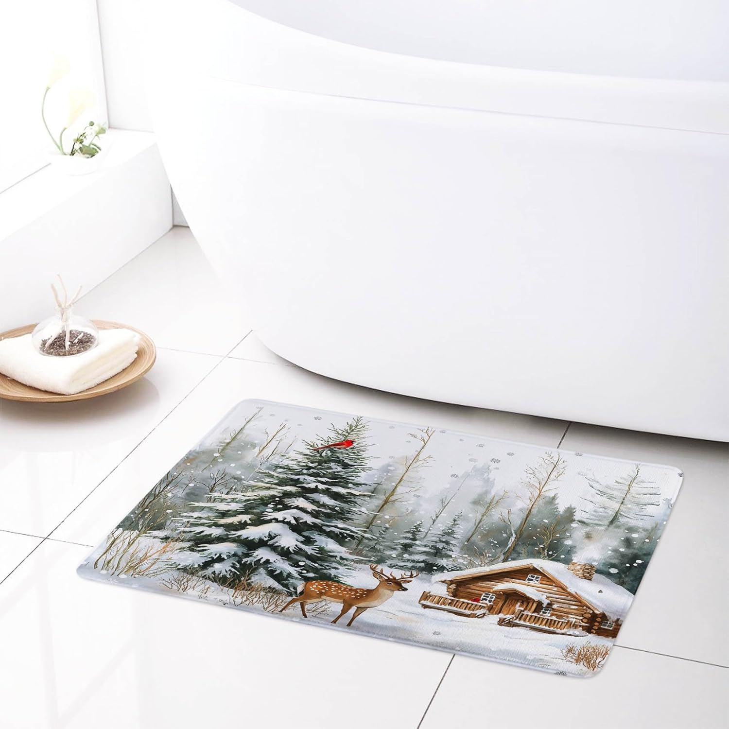 LB Farmhouse Christmas Shower Curtain Sets with Rugs Rustic Pine Tree Falling Snowflake and Christmas Deer Bathroom Sets with Shower Curtain and Rugs Winter Holiday Shower Curtain Set, 72x72 inches