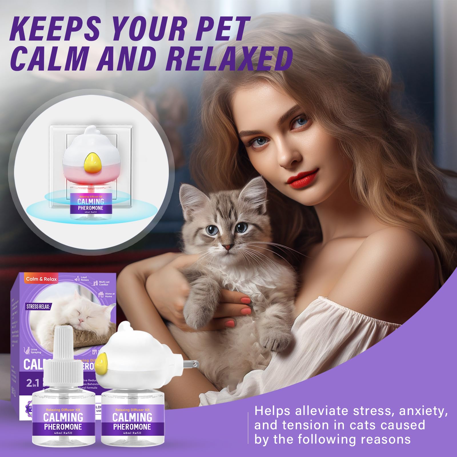 Feromoni per Gatti, 2 Ricariche 48 ml, Adatto per Più Gatti | Diffusore di Ferormoni per Gatto per Ridurre Graffi e Marcature, Soluzione Relax per Gatti per 60 Giorn