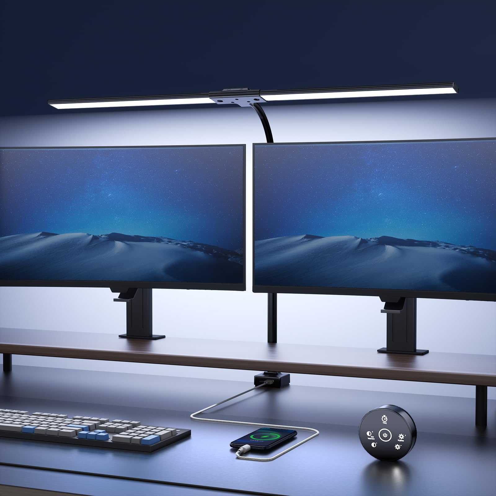 YICAIZI Lampara de Escritorio de LED 24W con Control Remoto - 1500LM 80CM Flexo LED Escritorio con Pinza Luz Leer Puerto de carga USB para Estudiar, Oficina (Negro)