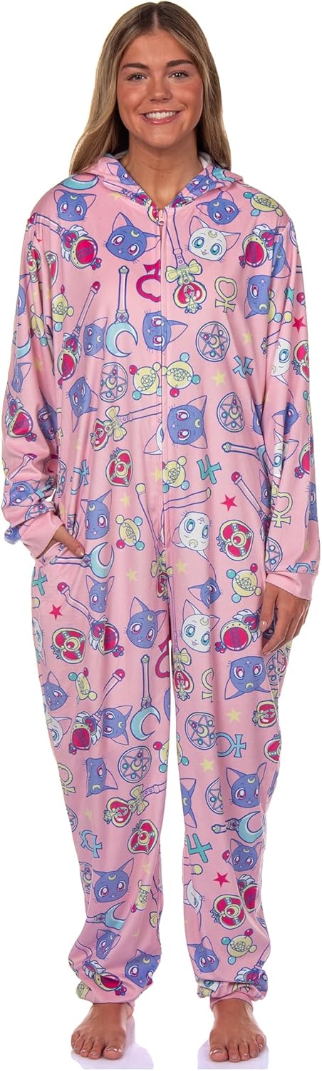 Bioworld Sailor Moon Anime Manga Women's Wands Luna Artemis Hooded Zip Up Union Suit Pajama