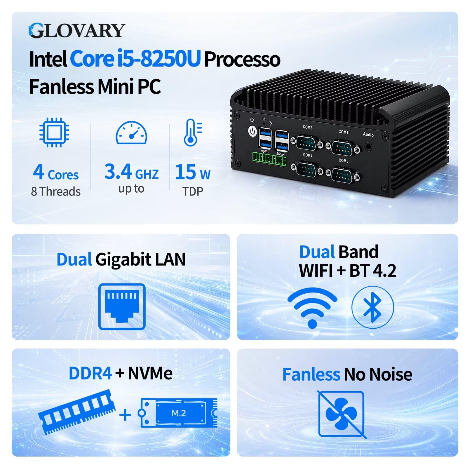 Fanless Mini PC i5 8250U, DDR4 8GB RAM 128GB NVMe SSD, 2 LAN 4 COM Industriale PC, HD VGA Micro Desktop Computer for Home Office, 10 Pin GPIO, 4USB3.0, 2USB2.0, Auto Power On