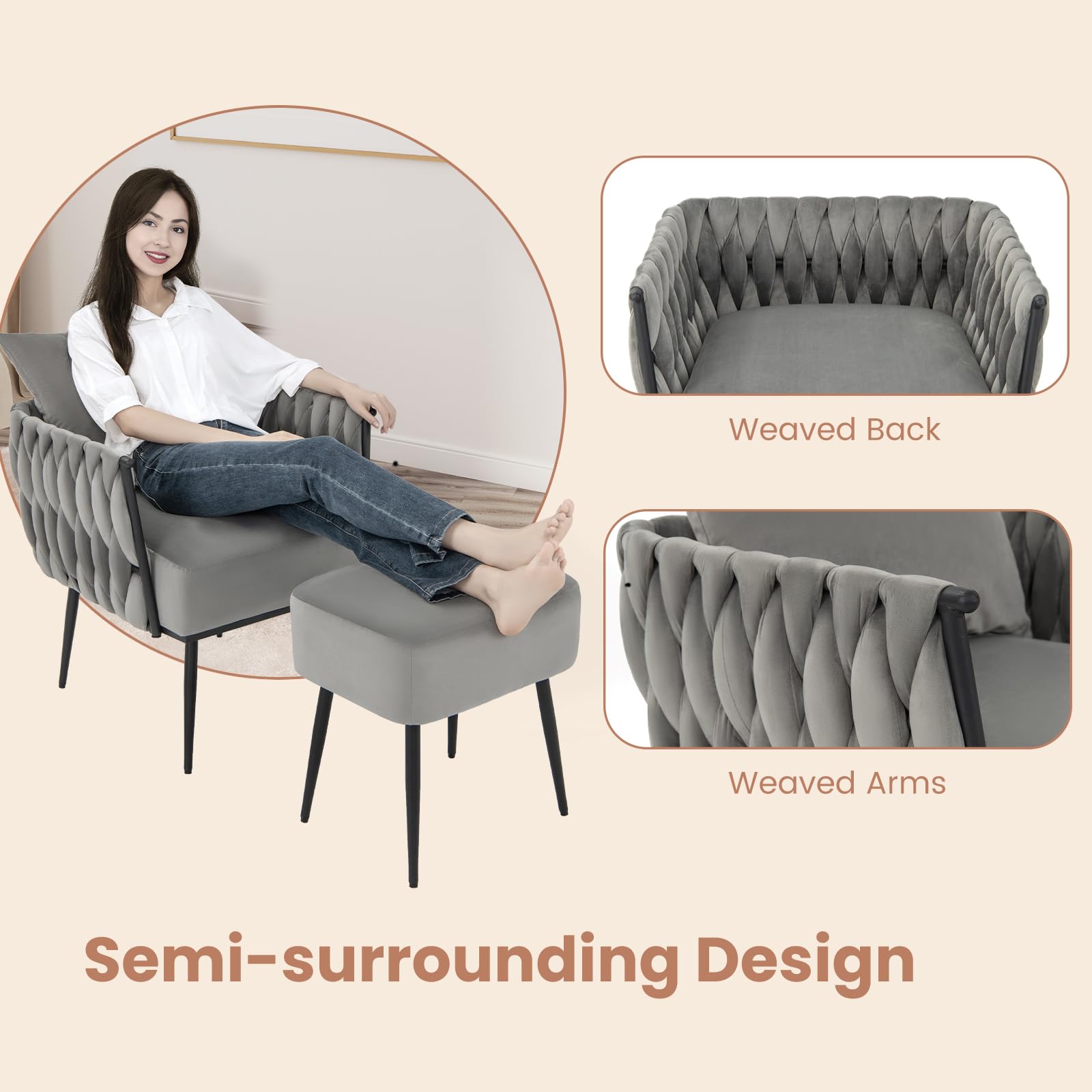 Poltrona Con Poggiapiedi Beige - Sedia Lettura Intrecciata Per Camera Da Letto - Foto 2