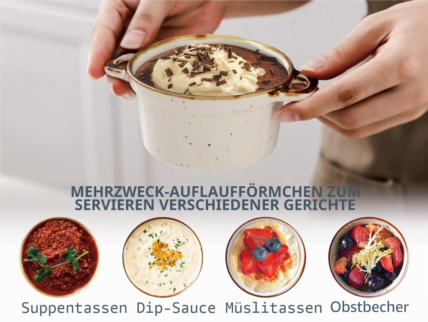 ONEMORE Ofenfestes Keramik-Auflaufförmchen mit Deckel, 170 ml, gesprenkelte Mini-Dutch Oven Cocotte, 4er-Set für französische Zwiebelsuppe