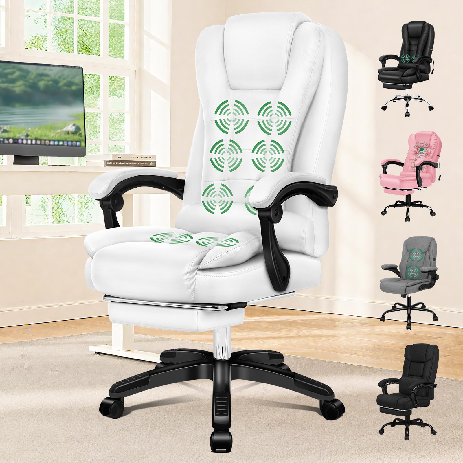 ELFORDSON Executive Office Chair with 8-point Massage Seat Heated, PC Desk Gaming Chair with Armrests Footrest High Back 150° Reclining Tilt Padded Swivel PU Leather, White