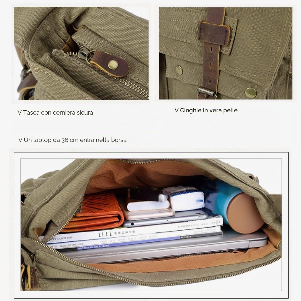 borsa a tracolla da uomo in tela con pelle, borsa a tracolla da uomo retrò in tessuto per l'uso quotidiano