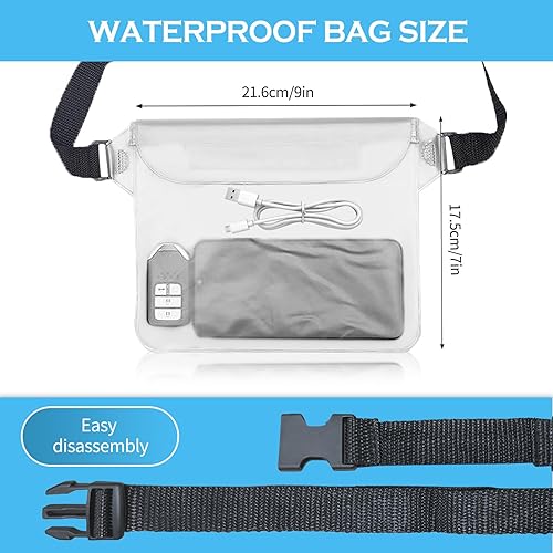 Miniatura 2 de Paquete de 2 bolsas impermeables con correa para la cintura, riñonera impermeable para natación, kayak, navegación, surf, Blanco, Sencillo
