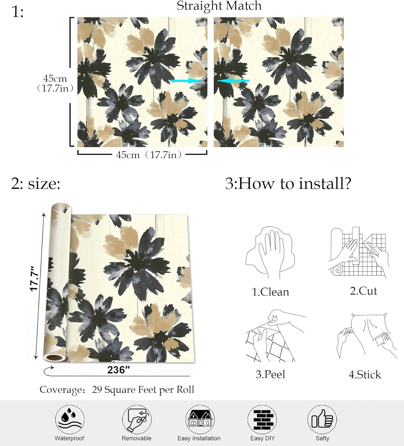 Modern Abstract Floral Peel and Stick Wallpaper – Black and Beige Flower Wallpaper for Home Decor | Self Adhesive Vinyl, 17.7" x 236"
