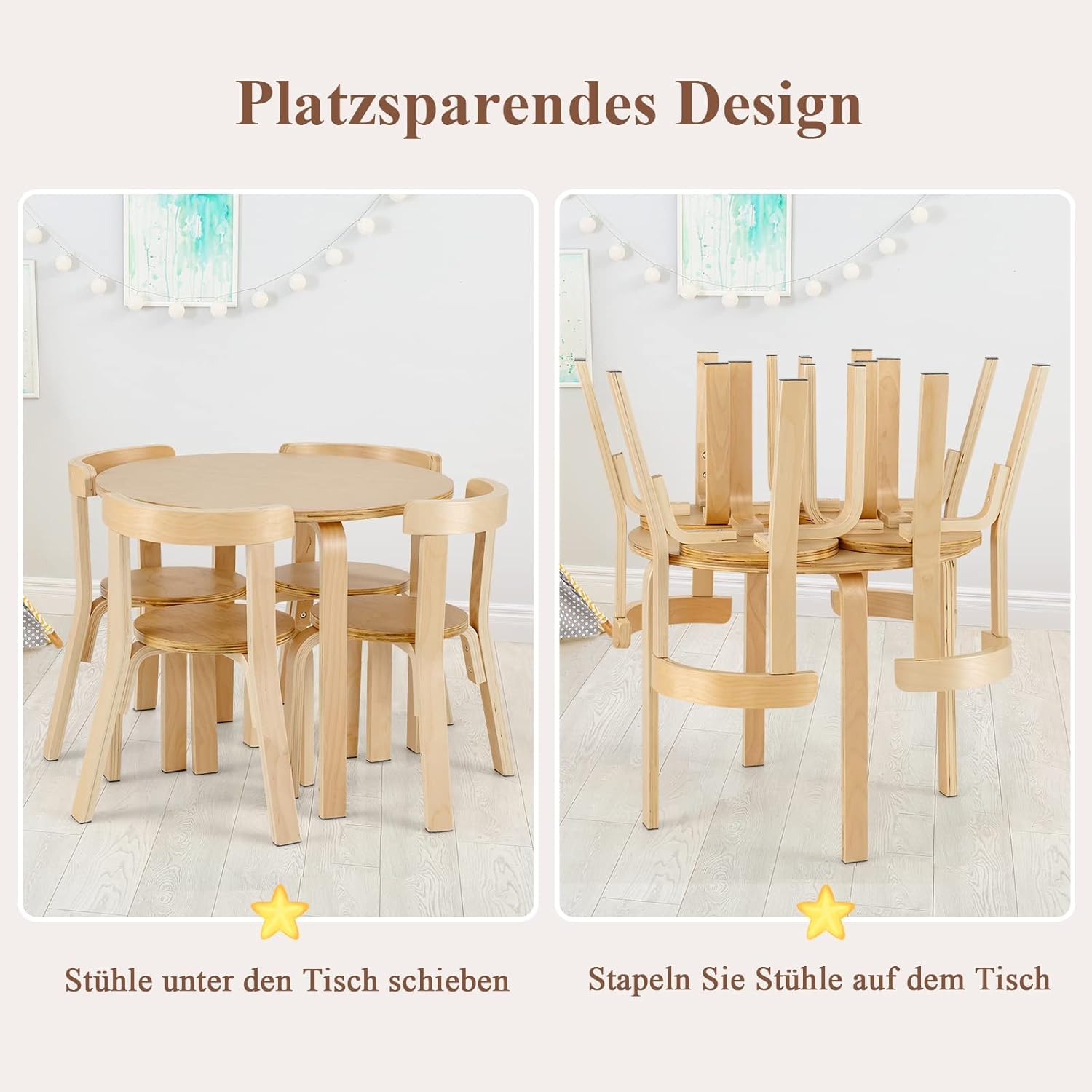 DREAMADE Kindertisch mit 4 Stühlen, Kindersitzgruppe aus Massivholz, Kinder Tisch Stuhl Set, Kindermöbel Set, Sitzgruppe für Kinder Mädchen und Jungen (Natur)