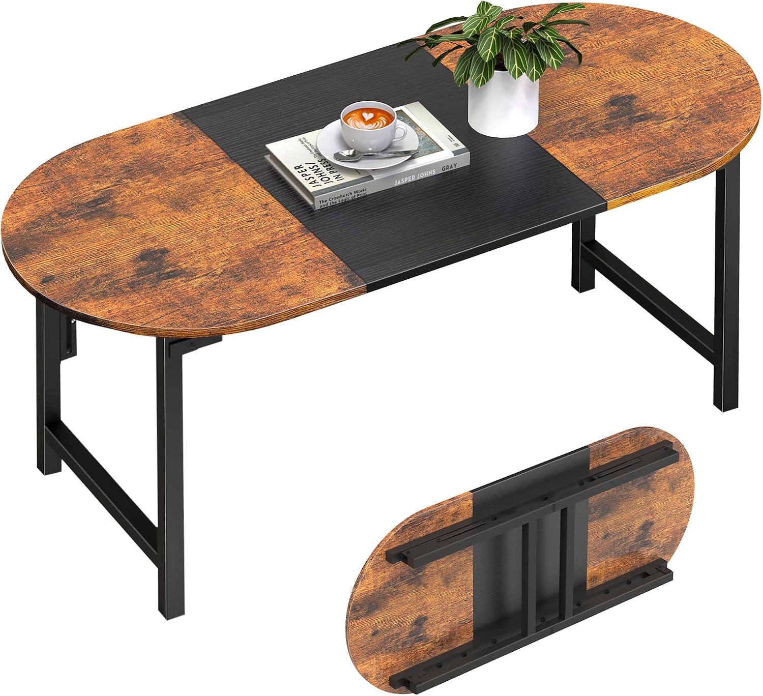 Folding Coffee Table, Small Oval Center Table with Leg Latches, Portable