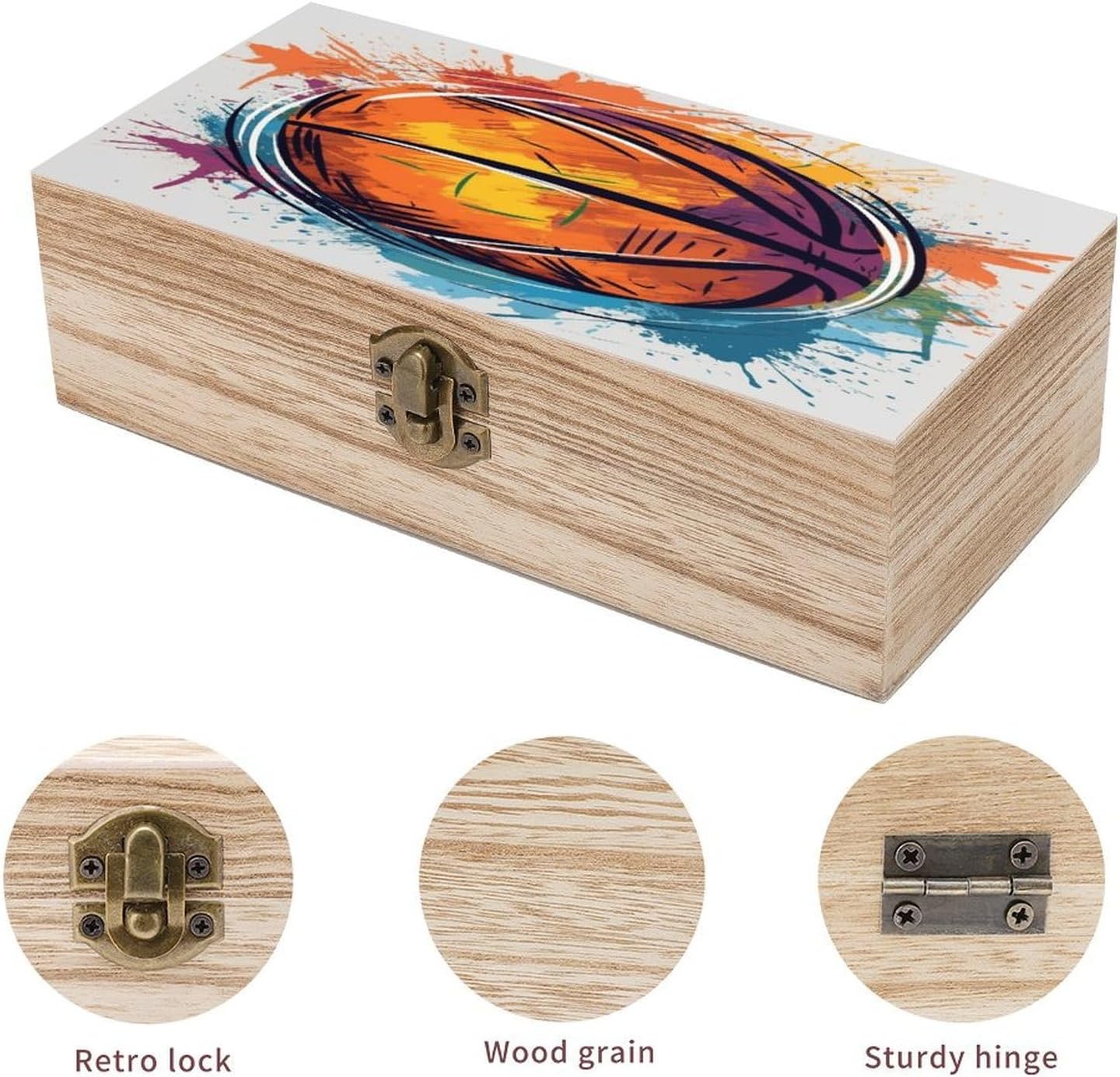 Basketball Colorful Sketch Wooden Storage Box 7.9" X 3.9" X 2.3"