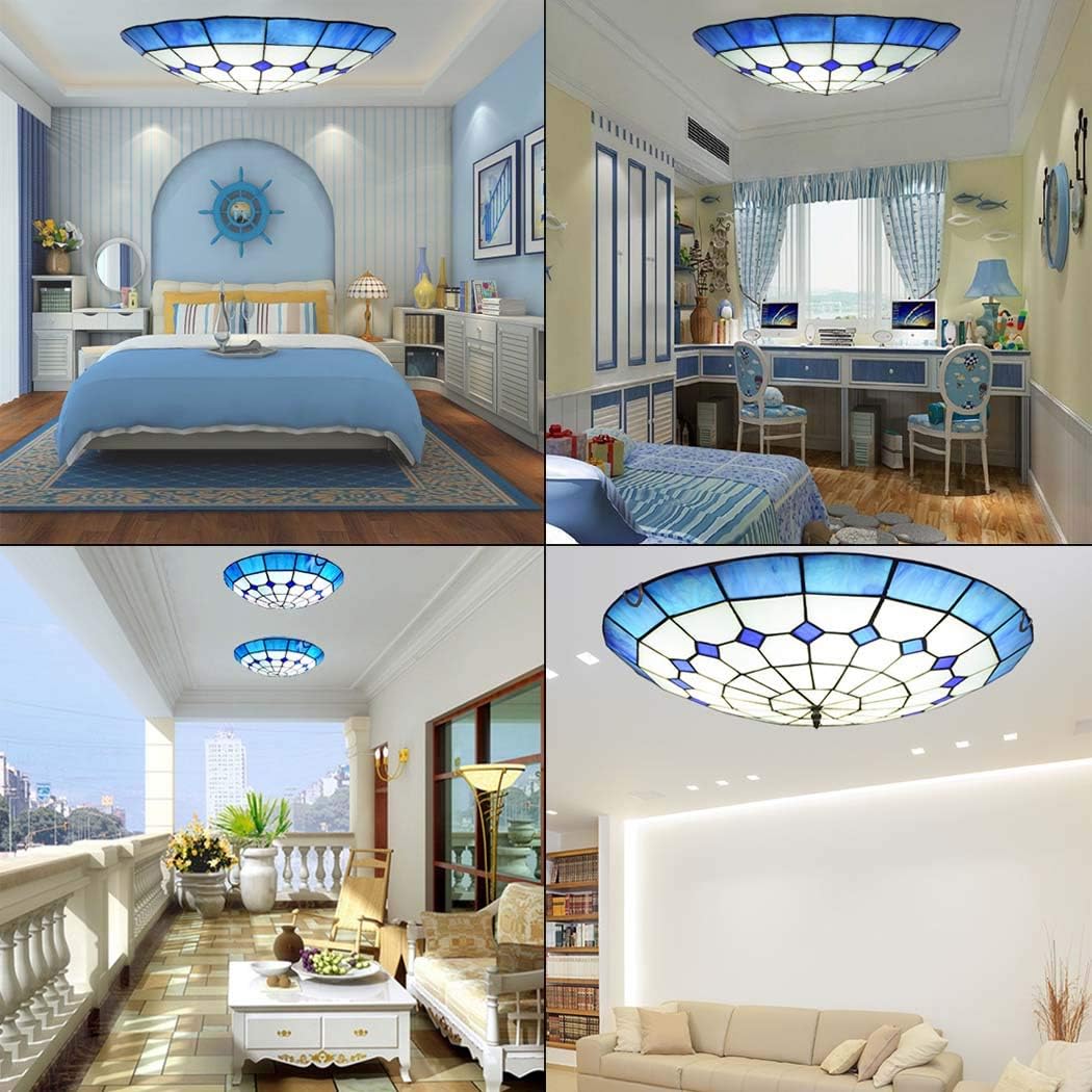 シャンデリア LED シーリングライト、ブルー 地中海 廊下 フラッシュマウント ランプ、ステンドグラス シェード 照明器具 寝室/