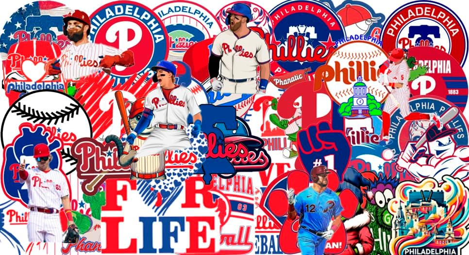 50 PCS Philadelphia Stickers Decal for Phillies Stickers Pack Baseball Colorful Aesthetic Decals Vinyl Sticker Waterproof for Water Bottle Computer Laptop Luggage Phone Car Skateboard Bumper