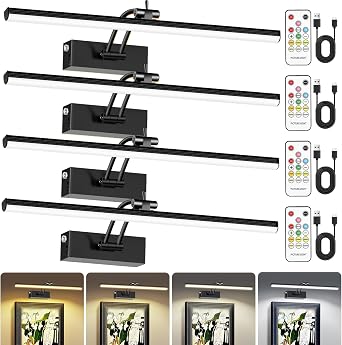 6 Colors Picture Lights Battery Operated with Remote, 16" Cordless Rechargeable Painting Lights with Timer for Wall, 6CCT Dimmable Display Lights for Artwork Gallery Dartboards, 4 Pack Black