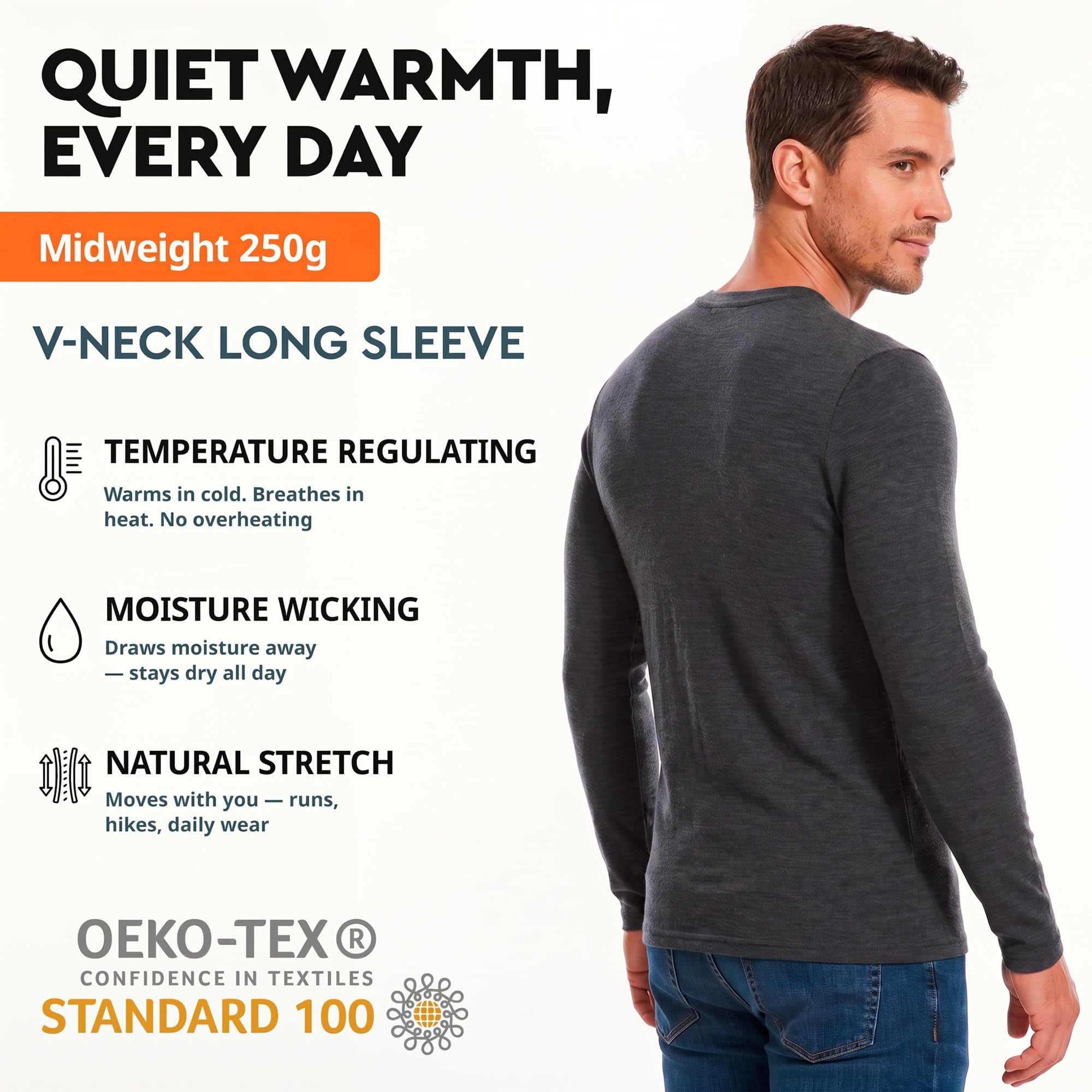 MERINNOVATION Camiseta térmica de lana merino para hombre, 100 % lana merino, manga larga
