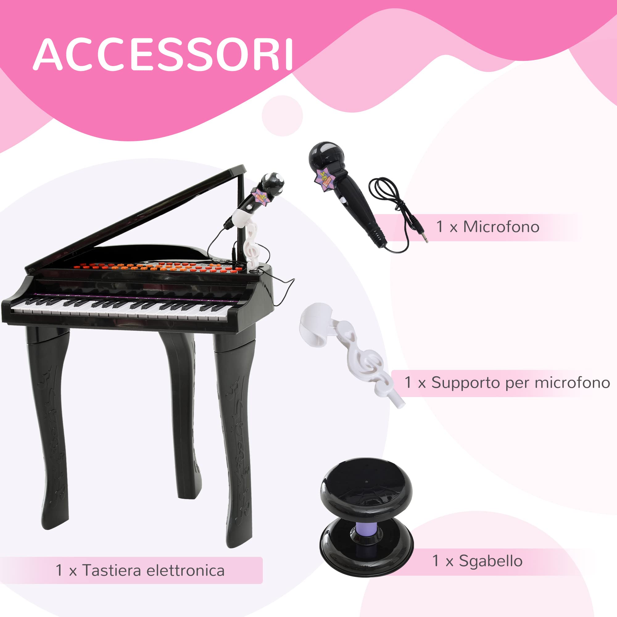 HOMCOM Pianoforte Elettrico Giocattolo Strumento Musicale per Bambini con 37 Tasti Microfono e Sgabello 48x39x69cm Nero
