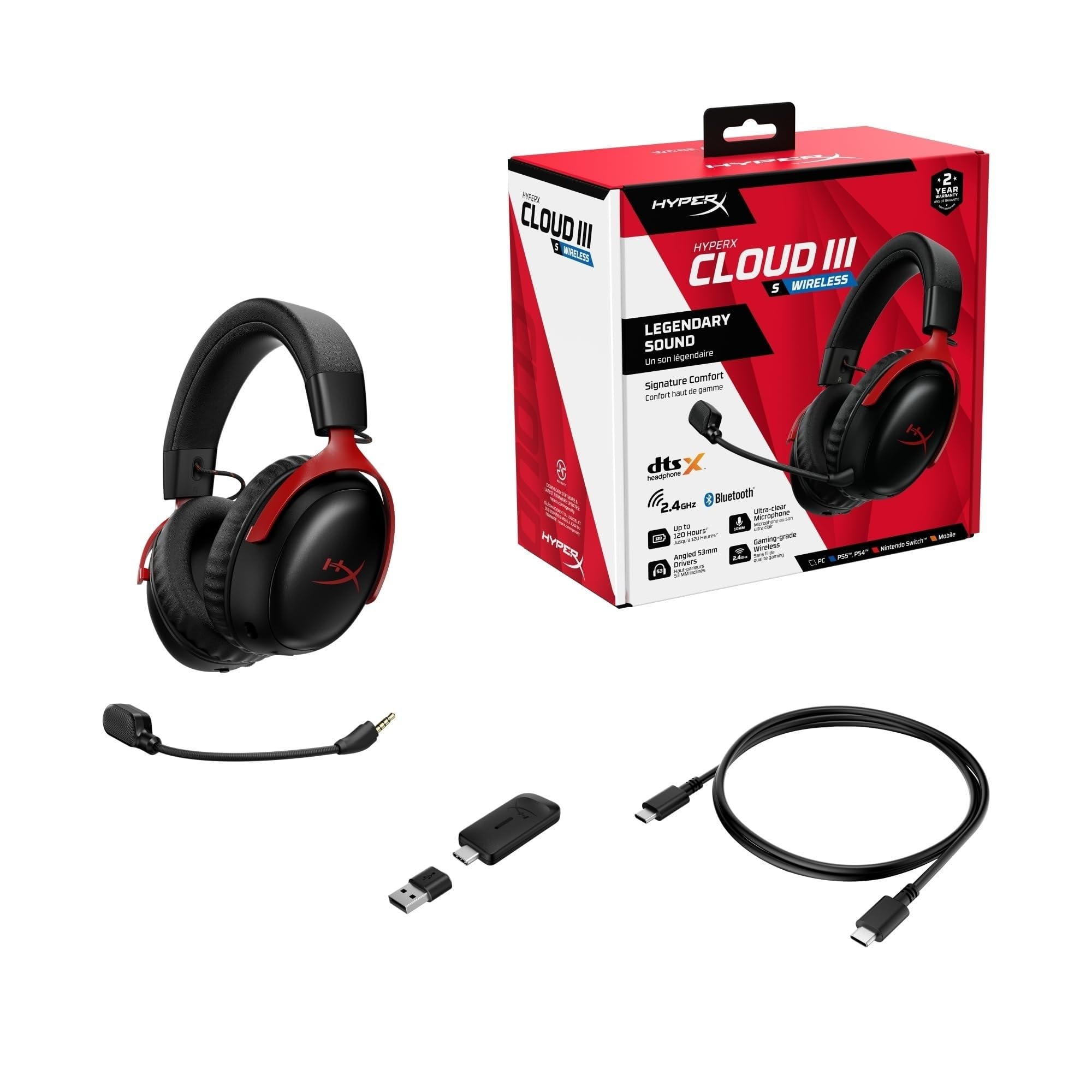 HyperX Cloud III S Wireless, Cuffie Bluetooth, Audio 3D, Microfono Noise-Cancelling, Fino a 200 ore di Autonomia, Dongle USB-C, Compatibili con PC, PS5, Nintendo Switch, Nero/Rosso