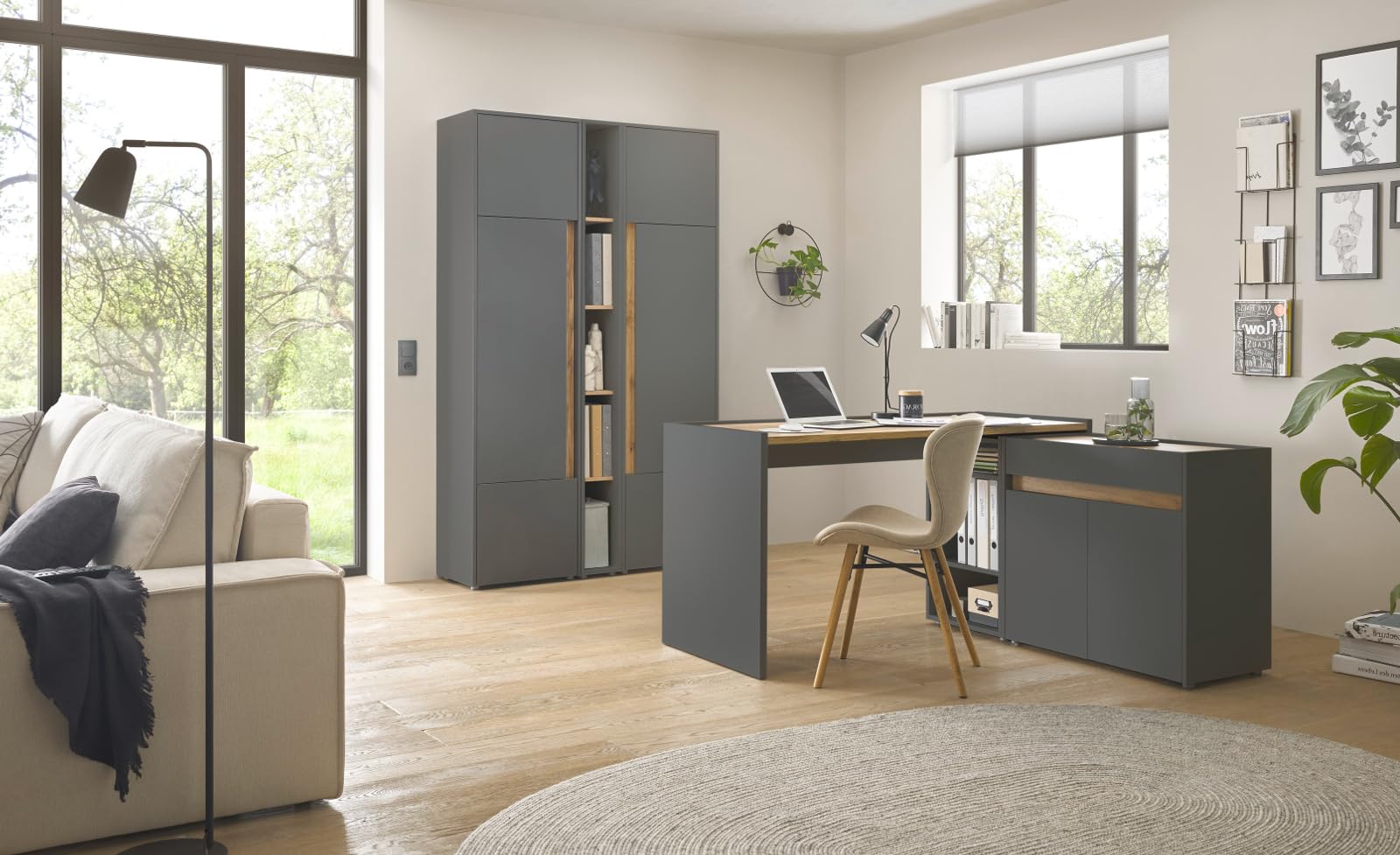 Büromöbel Set grau matt Wotan Eiche Holz modern Schreibtisch Kommode Aktenschrank Regal Homeoffice Büro Stauraum Center (Set 4)