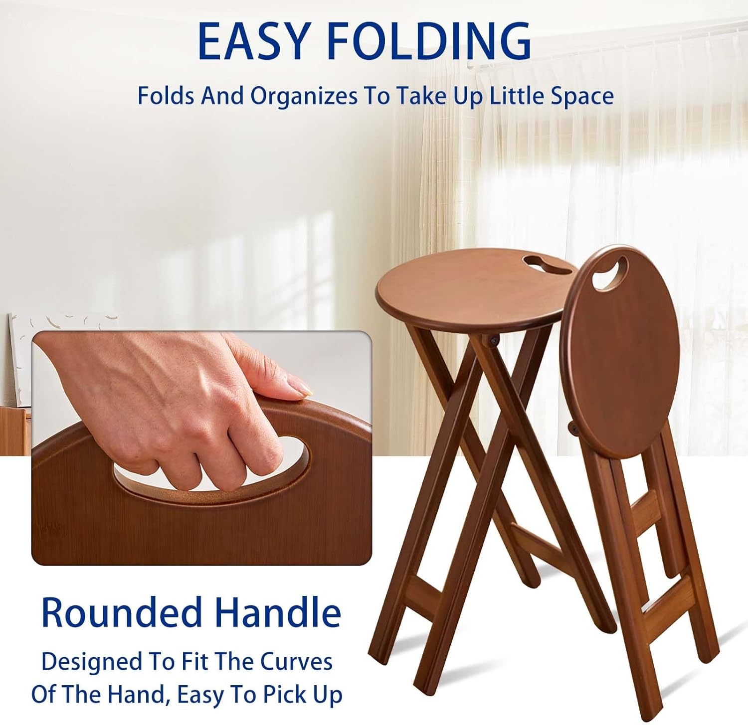 Folding High Stool Bamboo Kitchen Chair 24.8inches Banquetas para ras De Cocina with 12.6-inch Wide Bench Top Round for Dining Room