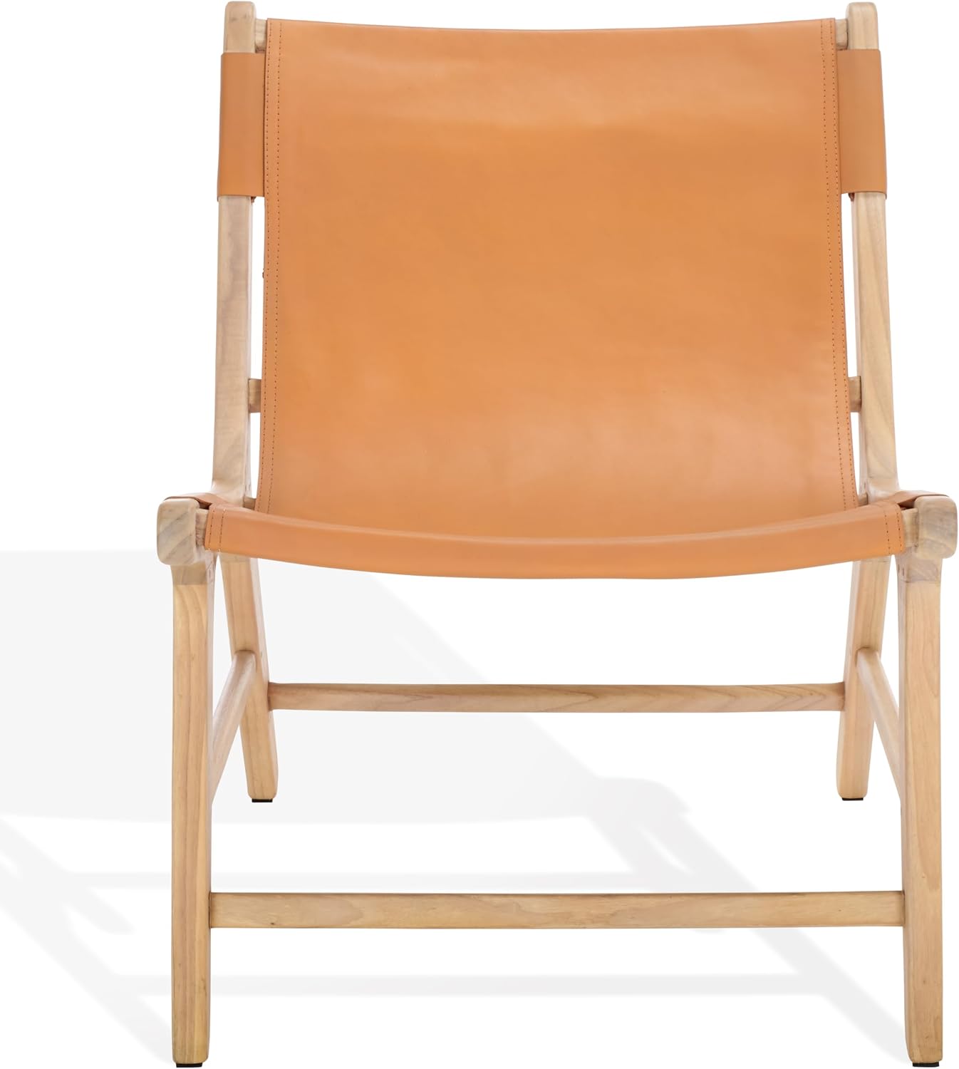 SAFAVIEH Couture Collection – Alanarose Tan & Natural Solid Teak Wood Accent Chair, Modern Sling Style, Leather Seat, Fully Assembled (SFV1903D)
