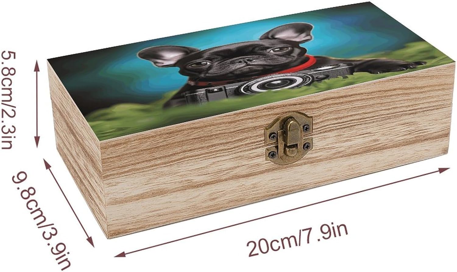 French Bulldog Puppy with Camera Wooden Keepsake Box Wooden Storage Box with Hinged Lid Personalized Wood Memento Boxes Rectangular Smooth Memory Boxes for Crafts And Photo Storage image 2