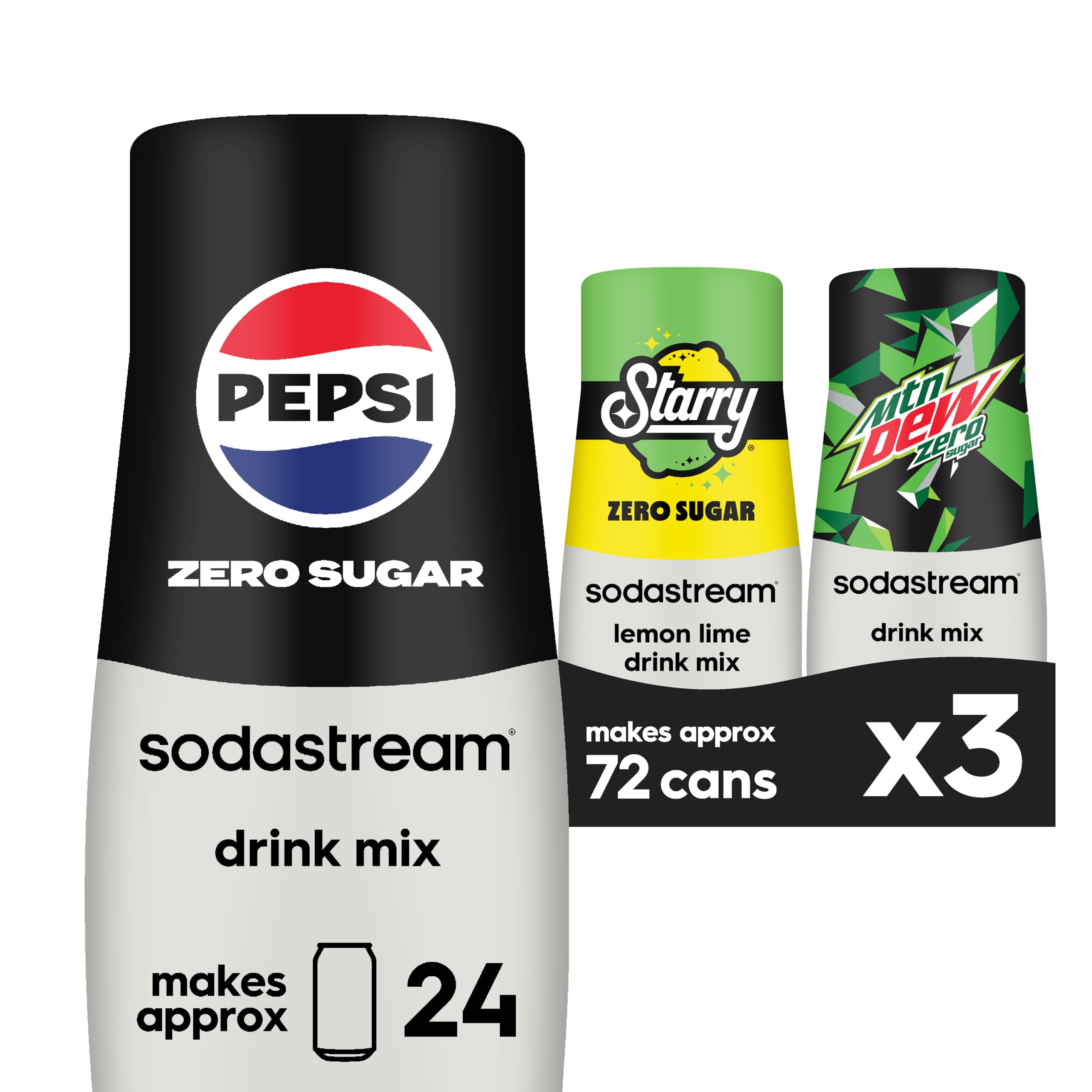 SodaStream Pepsi, Starry & MTN Dew Variety Pack, Zero Sugar, 440ml, (Pack of 3)