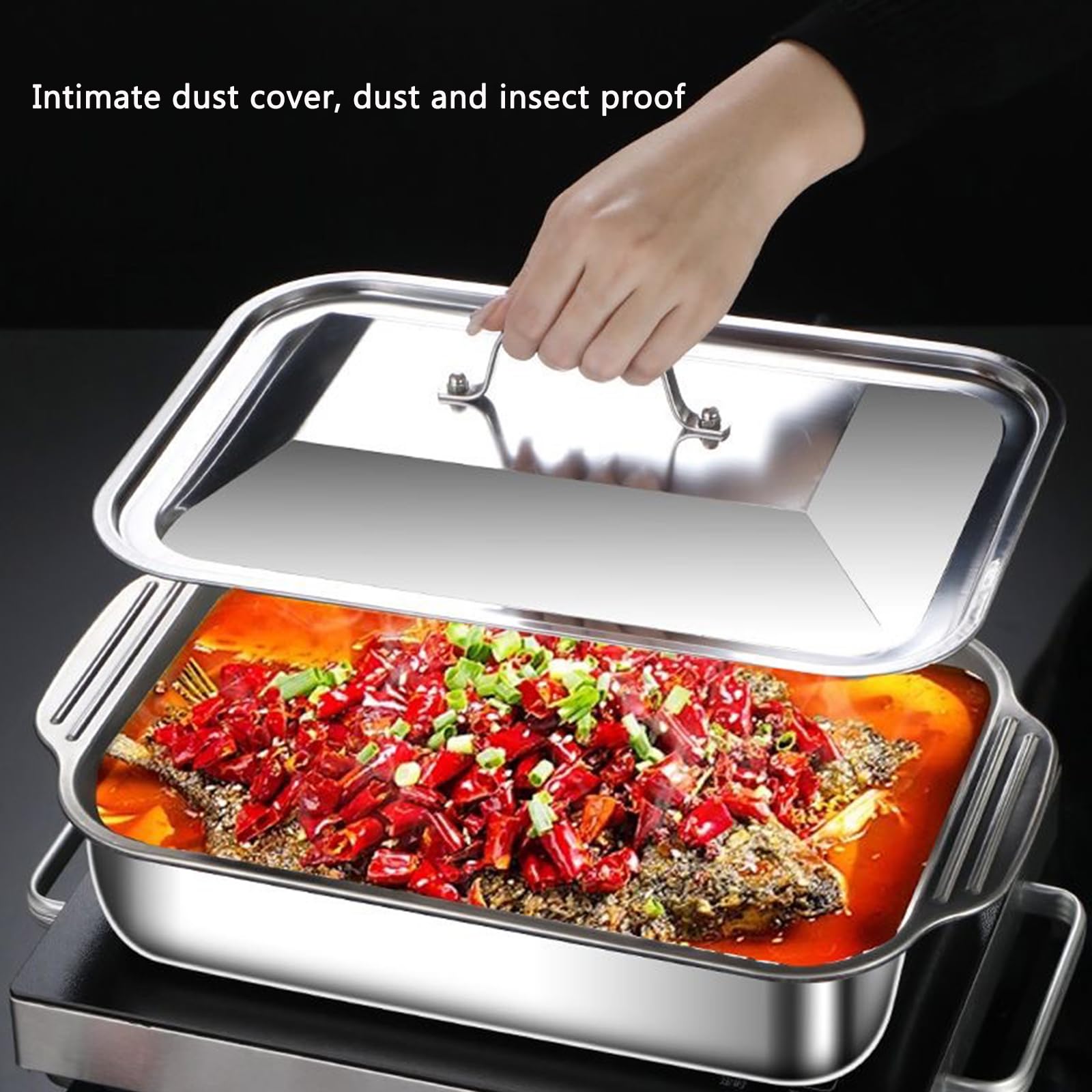 Sartén de acero inoxidable con asa y tapa, plato de asar profundo para pavo, lasaña y jamón, apto para lavavajillas, utensilios de cocina rectangulares, 37/41/45 cm