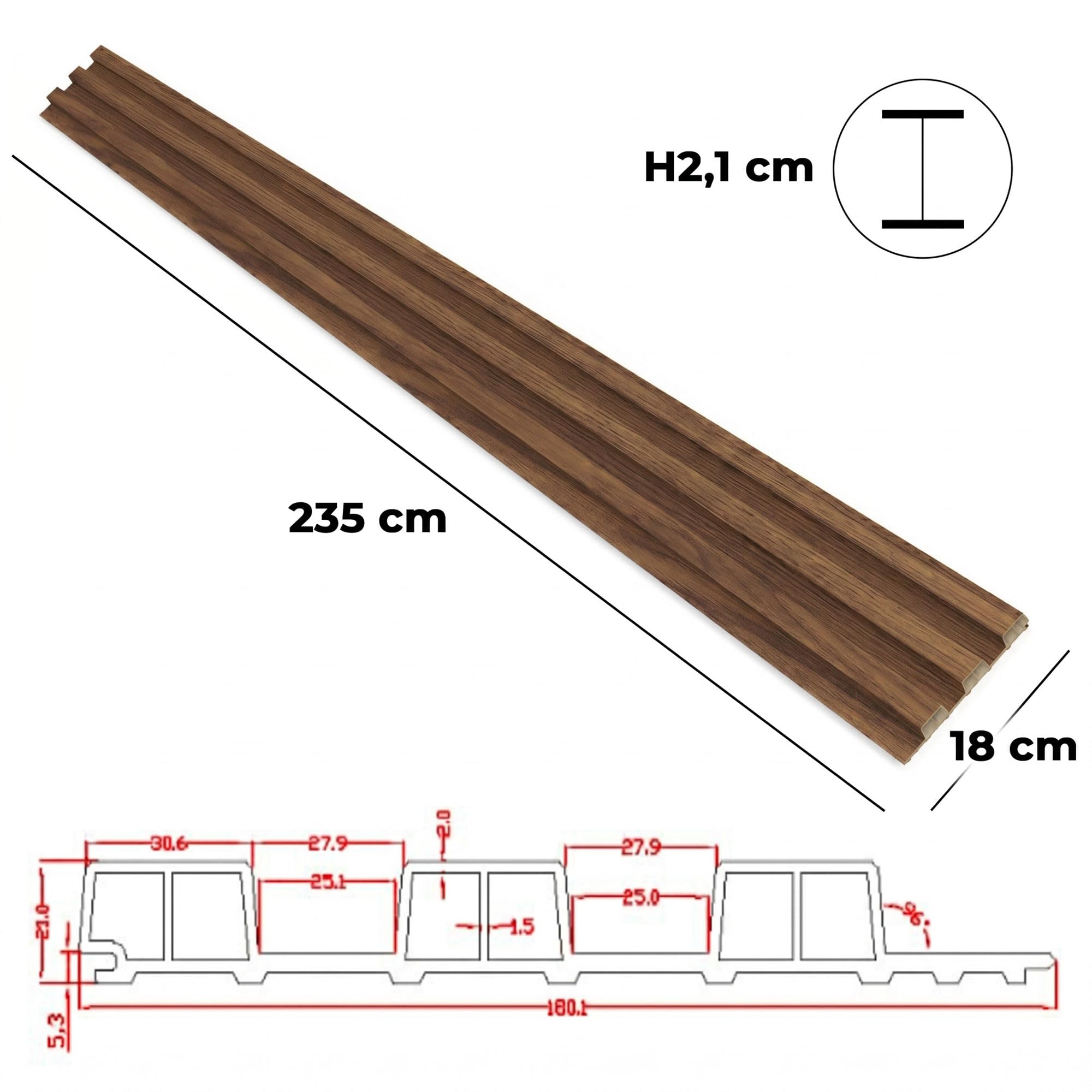 FRANKYSTAR® Chopin – Juego de 6 paneles acústicos decorativos para interior y exterior, de WPC, Walnut (18 x 235 x 2,1 cm)