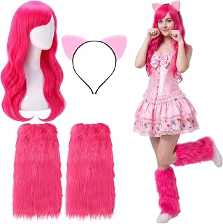 Kajaia 4 Pcs Halloween Cartoon Cosplay Costume Set for Women | Cosplay Outfit Accessories, Long Curly Wig with Wig Cap, Cat Ear Headband, Furry Leg Warmers, for Halloween Dress up Party