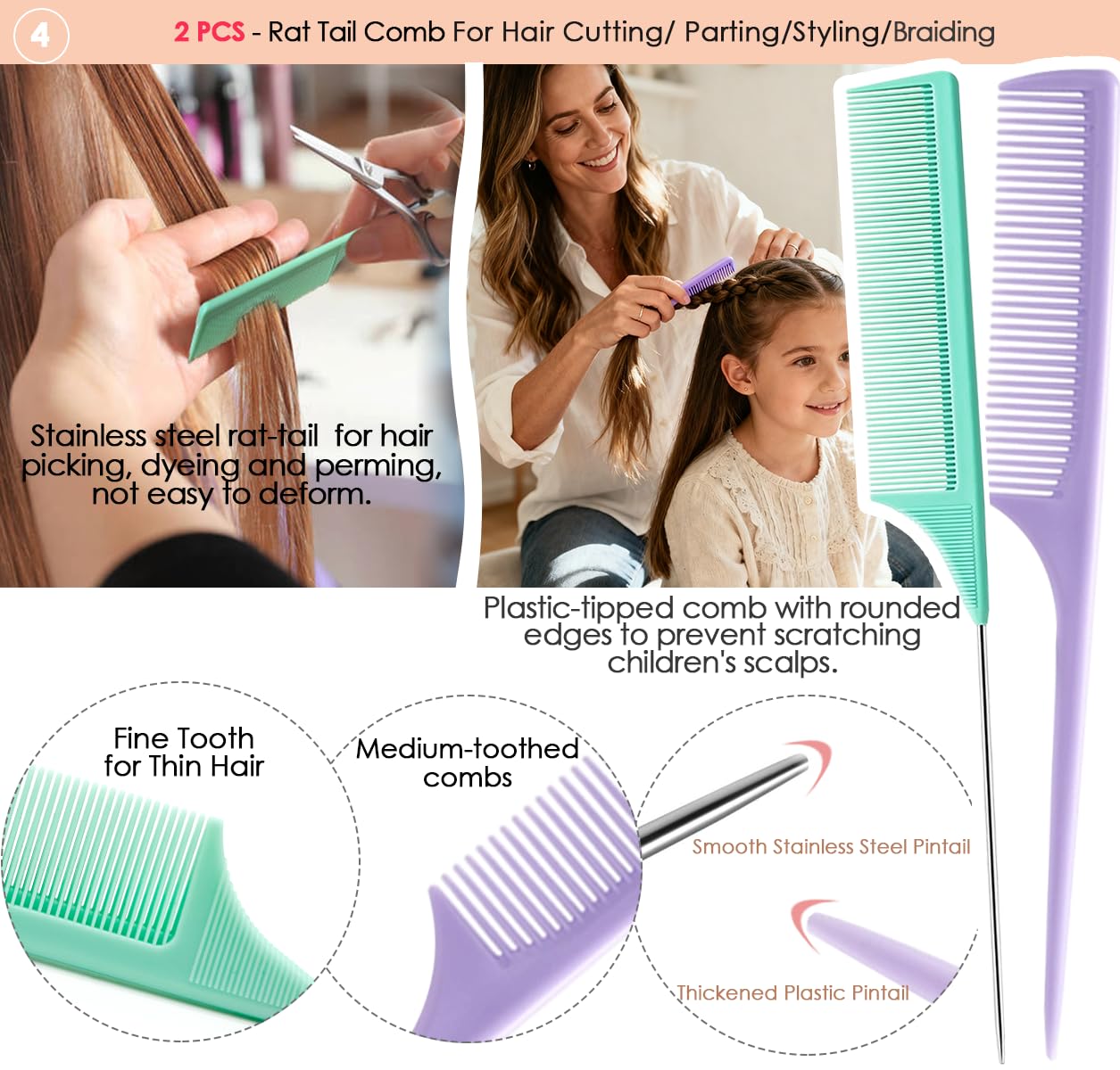 Hair Combs for Women Men, Large Wide Tooth Comb, Fine Tooth, Rat Tail Comb, Comb Set for Wet Curly Thick Thin Hair Styling Detangling (6 PCS)