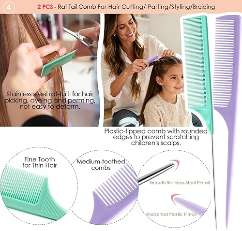 Miniatura 4 de Peines de pelo para mujeres y hombres, peine de dientes anchos grandes, dientes finos, peine de cola de rata, juego de peines para desenredar el