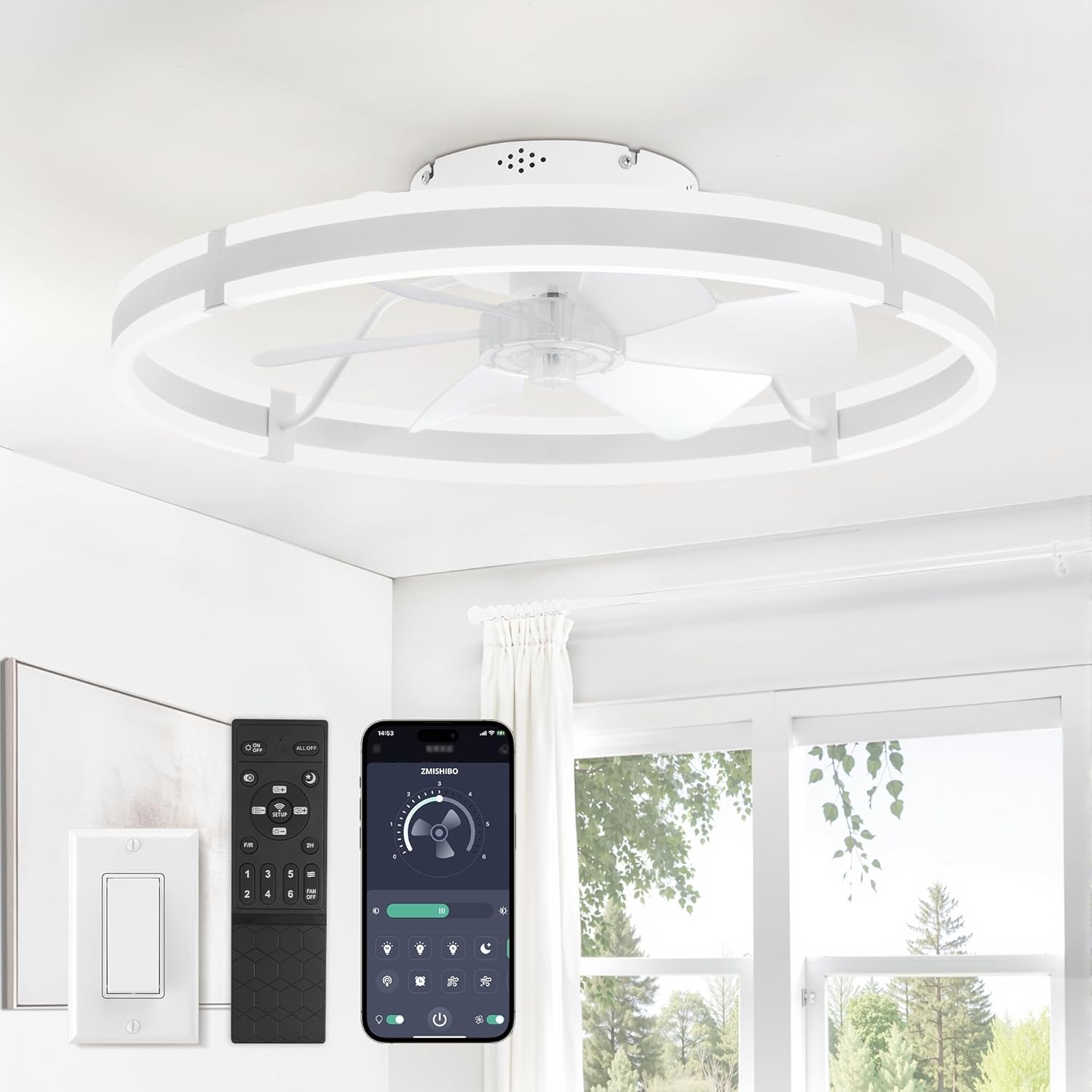 ZMISHIBO 24 Inch Ceiling Fans with Lights and Remote, Modern Low Profile Ceiling Fan, 3000-6000K Dimmable Flush Mount LED Fan Light, 6 Wind Speeds, Fandelier Ceiling Fans for Bedroom- White White 24 INCH