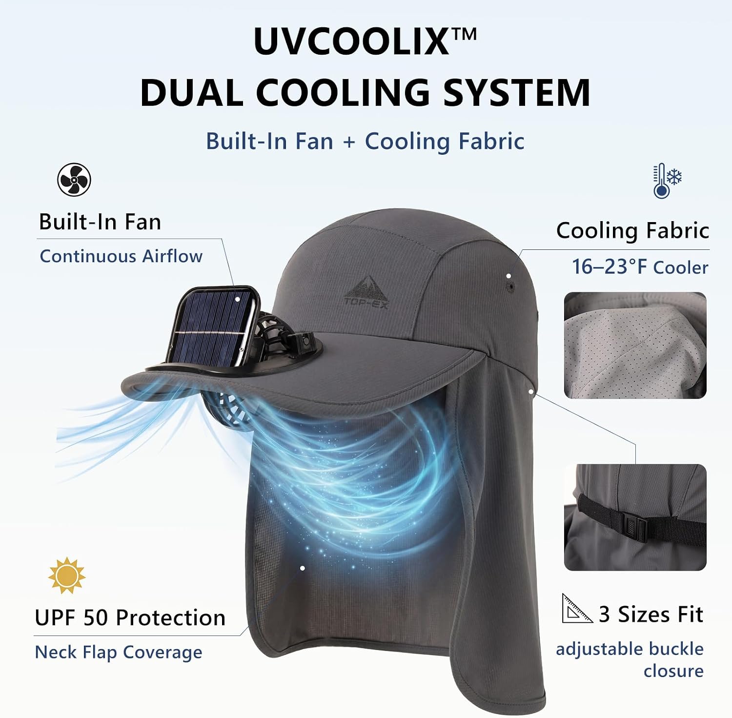 TOP-EX UVCoolix™ Cooling Neck Flap Baseball Sun Cap with Solar Fan