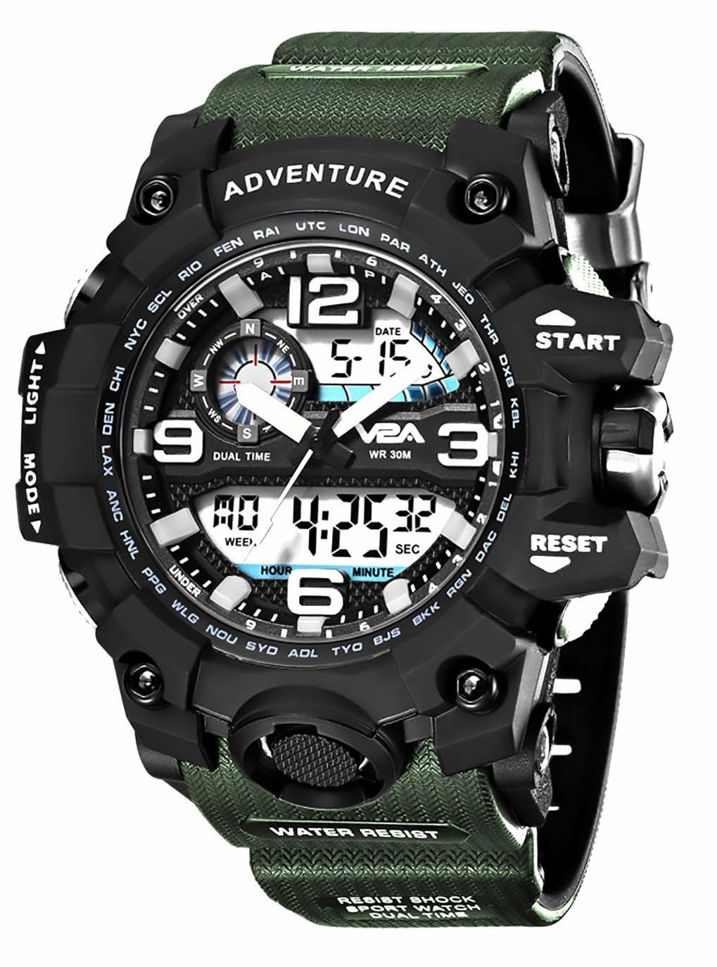 V2A Resin Analog Digital 3Atm Waterproof Sports Watch With Backlight Alarm Snooze Stopwatch For Men (Green), Black Dial, Black Band (B08WKHLV48) Amazon Price History, Amazon Price Tracker