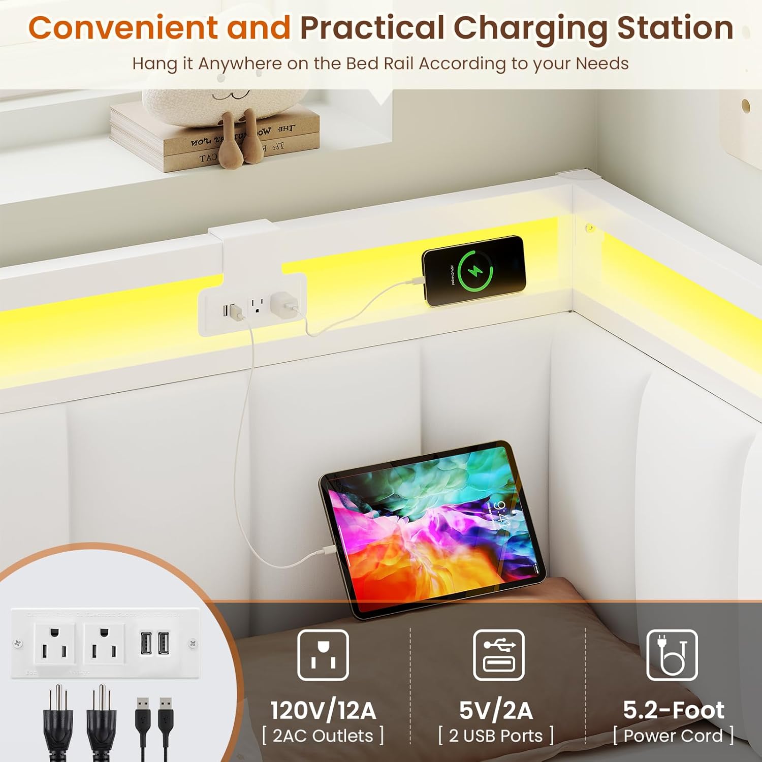 Close-up image of the charging station attached to the bed frame, showing two USB ports and two AC outlets, with a tablet and phone charging.