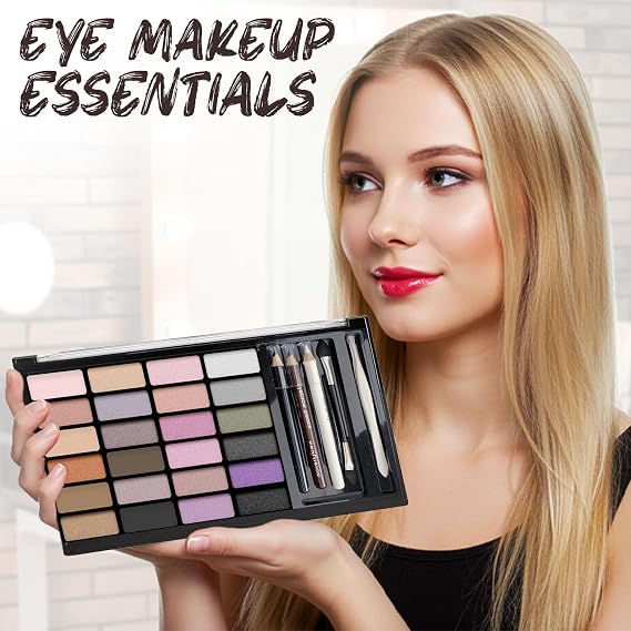 Profusion Cosmetics 24 Shades Eyeshadow Palette Complete Eye Makeup Kit with Brow & Eyeliner Pencils, Dual Foam Applicator and Tweezers for Blending, Defining & Shading