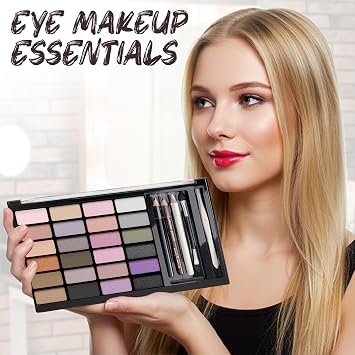 Profusion Cosmetics 24 Shades Eyeshadow Palette Complete Eye Makeup Kit with Brow & Eyeliner Pencils, Dual Foam Applicator and Tweezers for Blending, Defining & Shading