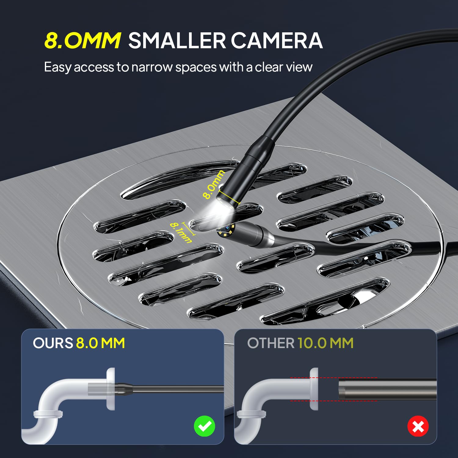 Qimic - Cámara de inspección endoscópica, boroscopio de pantalla IPS de 2.4 pulgadas con 8 luces LED, endoscopio impermeable IP67, cámara de serpiente HD 1080P, cable semirrígido de 33 pies, gadgets