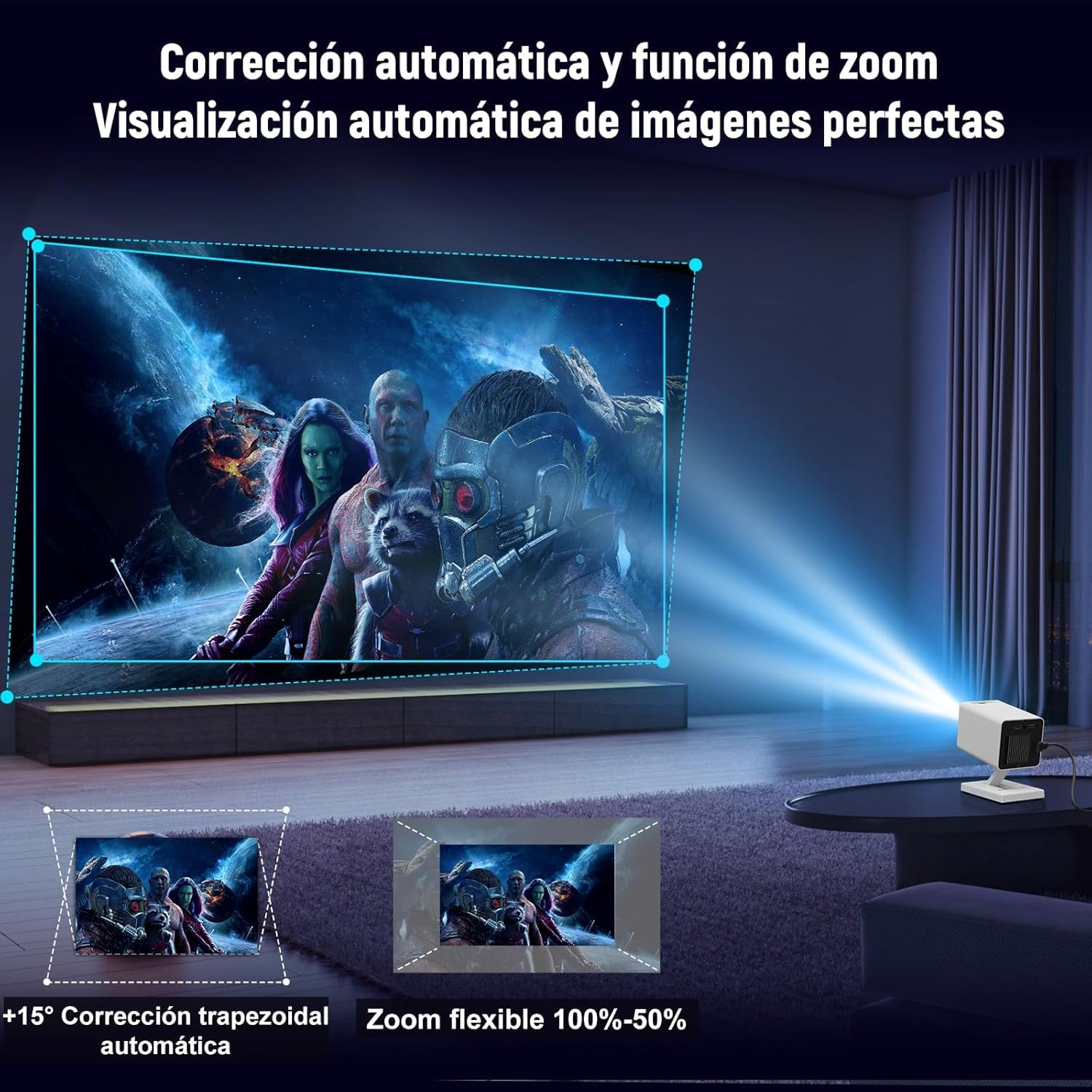 Putbecy Mini Proyector Portátil 4K con 1080P Nativo, Android 11, WiFi 6 y Bluetooth 5.4, Corrección Trapezoidal Automática, HDMI/USB, Compatible con Teléfono y PC, Proyector para Cine en Casa
