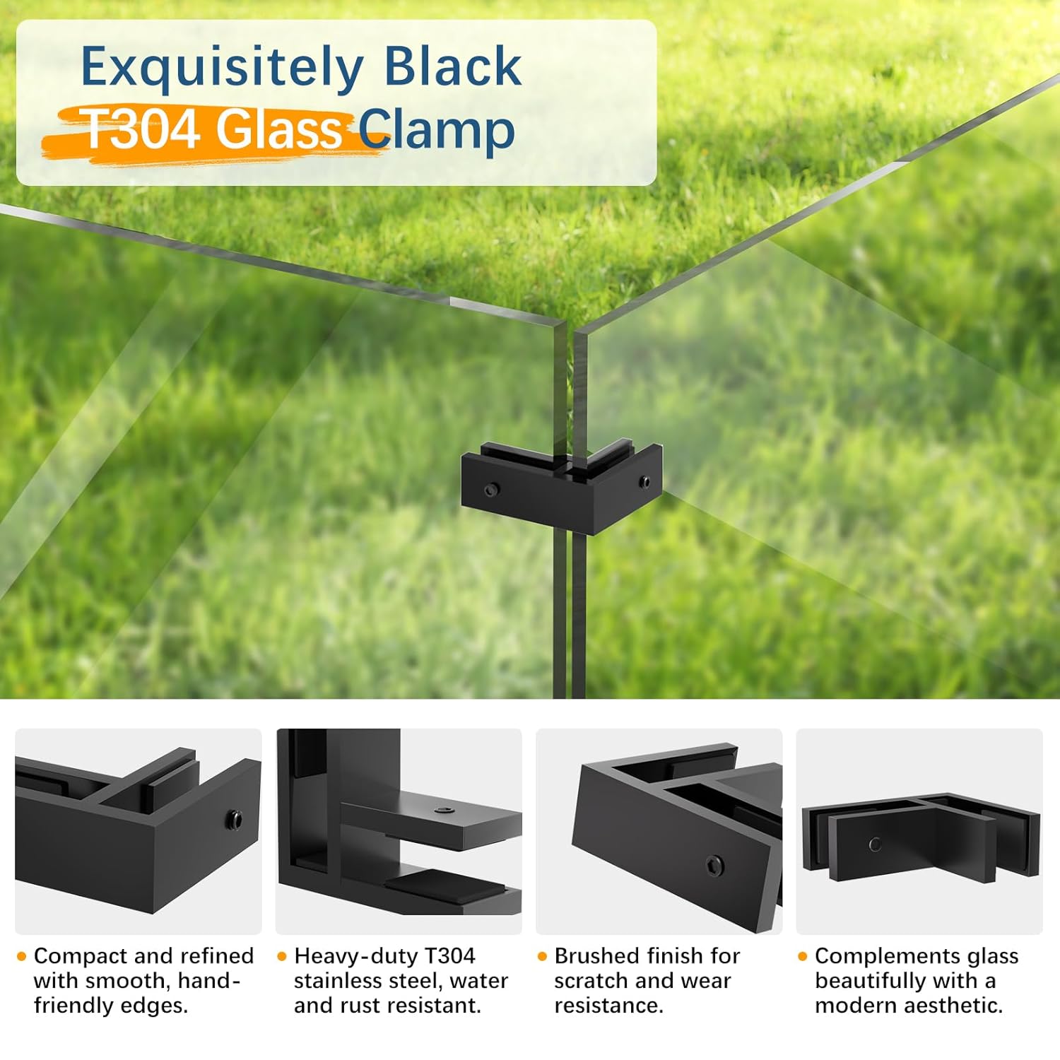 4 Pack Black 90 Degree Railing Glass to Glass Clamp No Drilled Required, T304 Railing Clip Fit for 3/8"-1/2"(10mm-13mm) Thinkness Balustrade, Double Sided Bracket Holder for Fence, Balcony Deck