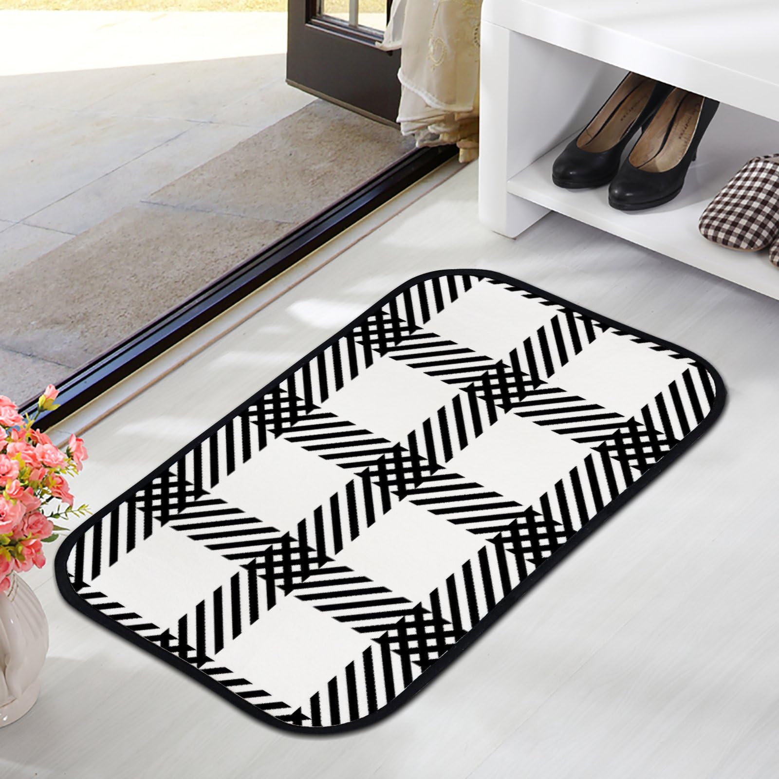 Nuansexi Bathroom Rugs Black White Tartan Plaid Scottish Pattern Floor Mats Non Slip Bathmat Doormat Tub Mat Coral Velvet Absorbent Entrance Carpet Mats Machine Washable Bedroom Decor