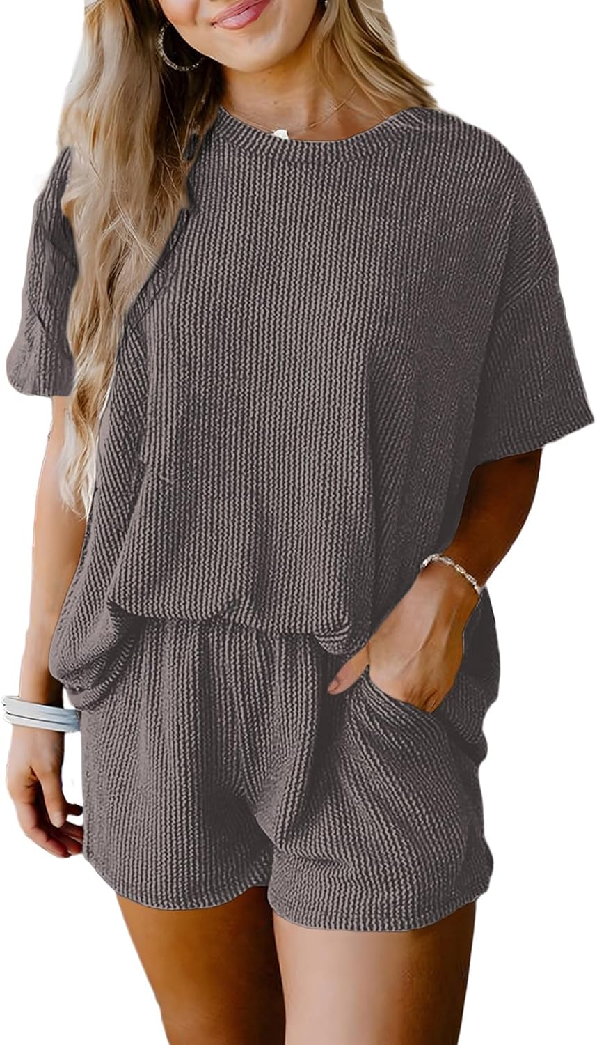 SHEWIN Two 2 Piece Sets for Women Short Sleeve Shirts High Waisted Shorts with Pockets Pajamas Lounge Matching Set