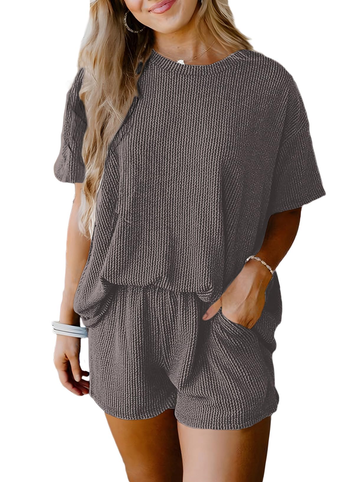 SHEWIN Two 2 Piece Sets for Women Short Sleeve Shirts High Waisted Shorts with Pockets Pajamas Lounge Matching Set