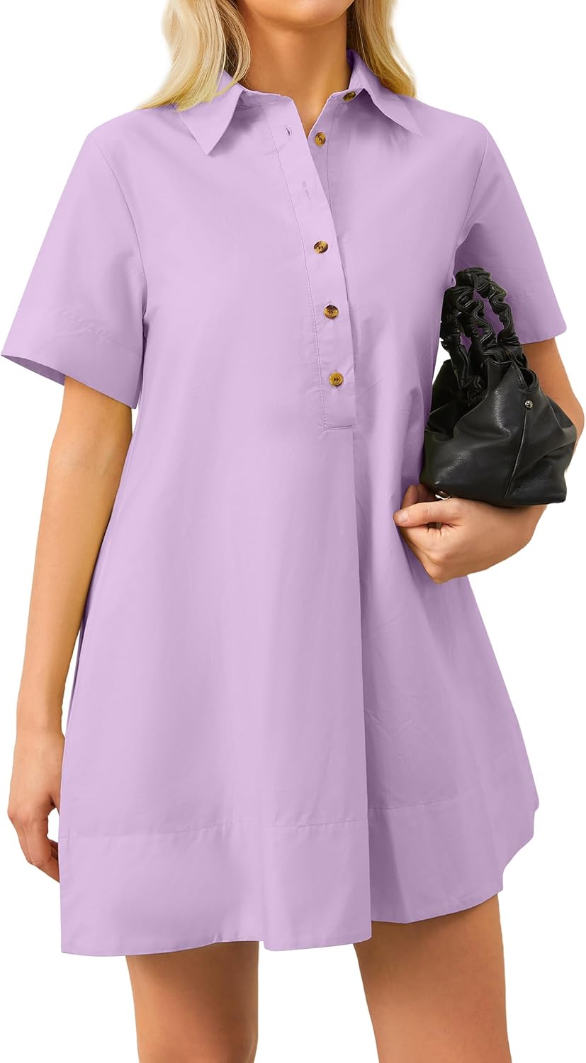 Women Short Sleeve Swing Tunic Mini Dress Oversized Button Down Shirt Dress Summer Casual Flowy A Line Dress